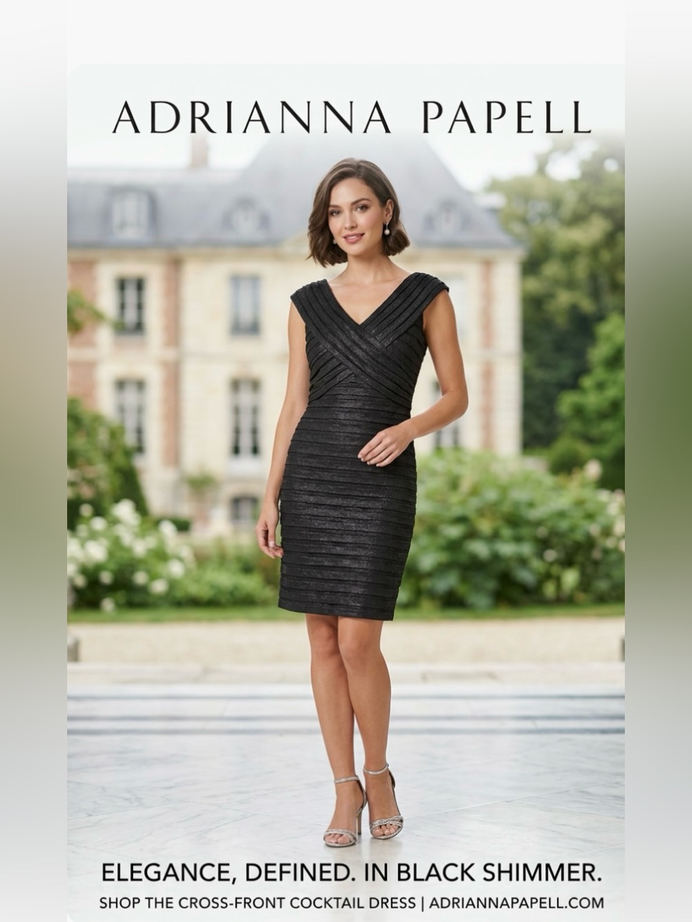 Beautiful Adrianna Papell Black/Gray Sheath Midi Dress Cross Over Detail Neck